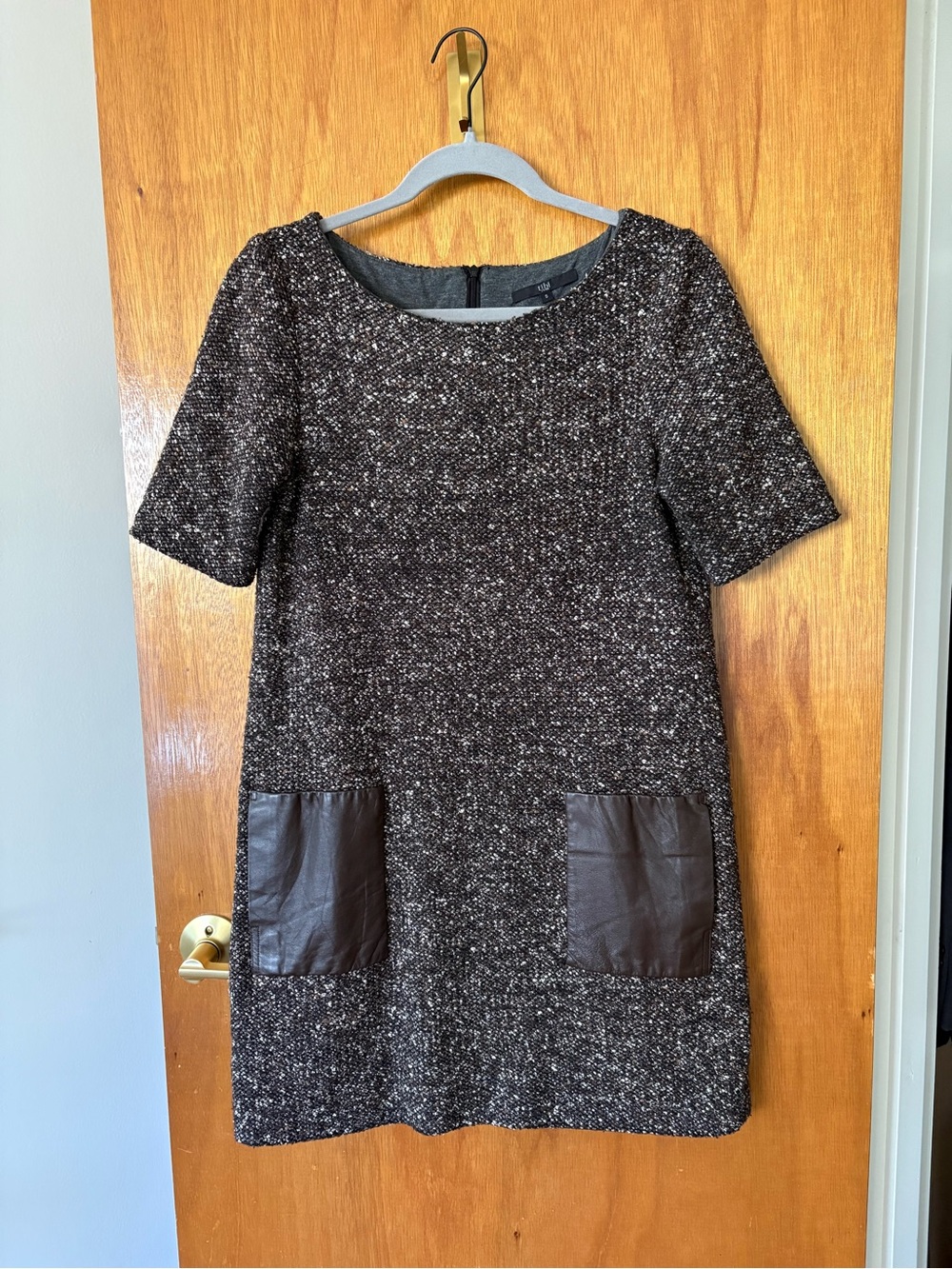 Tibi Black and Brown Tweed Short-Sleeve Shift Dress
